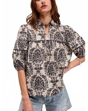 Clothing by IVE Woven Novelty Printed Top With Wave Trim Detail - Gray