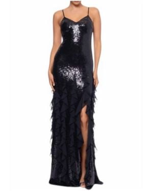 Betsy & Adam Sophisticated Sequin & Ruffle Gown - Blue