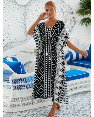 TRUEDAMES Printed Beach Cover-Up Maxi Dress Acation Bikini Kimono, Sun Protection Long Dress - Blue