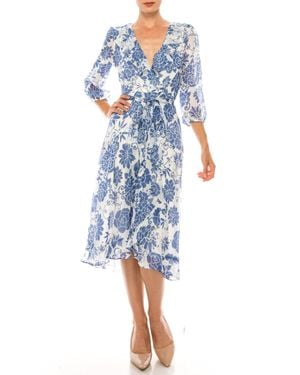Maison Tara Floral Wrap Style Midi Dress - Blue