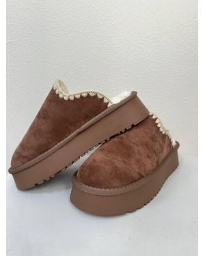 Ccocci Crochet Edge Sherpa Platform Slippers - Brown