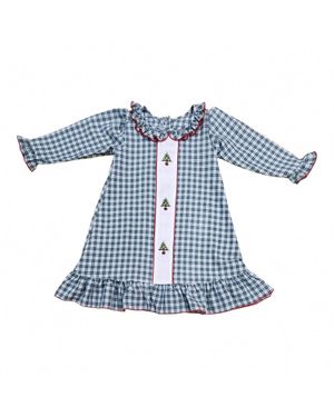 Muguet Collection Girl's Christmas Tree Embroidered Plaid Nightgown - Blue