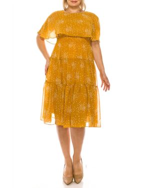 Maison Tara Dot Print Sleeveless Cape Tiered A-Line Midi Dress - Yellow