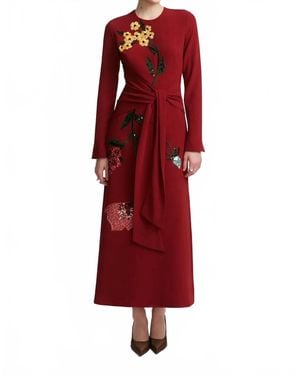 Lela Rose Long Sleeve Tie-Waist Dress - Red