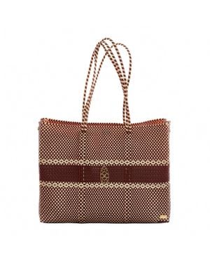 Lolas Bag Travel Woven Stripe Tote Bag With Clutch - Brown