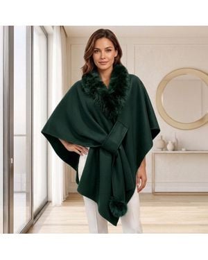 TRUEDAMES Faux Fur Collar Pom Pom Trim Wrap Cape Coat Poncho - Green