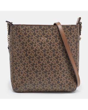 DKNY Signature Coated Canvas And Leather Zip Messenger Bag - Brown