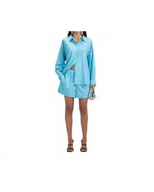 Self-Portrait Rhinestone Taffeta Oversized Shirt - Blue