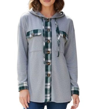 Staccato Knit Long Sleeve Hooded Button Up Top - Blue