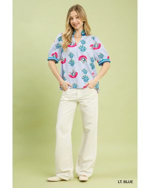 TRUEDAMES Print Puff Sleeve Blouse With Contrast Trim - Green