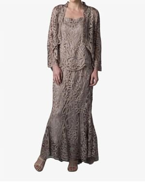 Soulmates Lace Beaded 3 Piece Jacket Top Skirt Dress Set - Brown