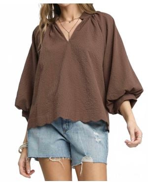 Umgee Split Neck Balloon Sleeve Blouse - Brown