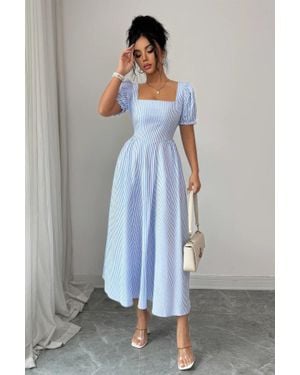 TRUEDAMES Square Neck Puff Sleeve Backless Bow Tied Striped Flowy Dress - Blue