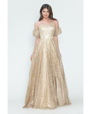 TRUEDAMES Off-Shoulder Puff Sleeve Glitter A-Line Formal Dress - Natural