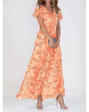 TRUEDAMES Beach Flared Maxi Dress Chiffon Floral Short Sleeve Ruffle V-Neck Fashion Waist-Defining Dress - Orange