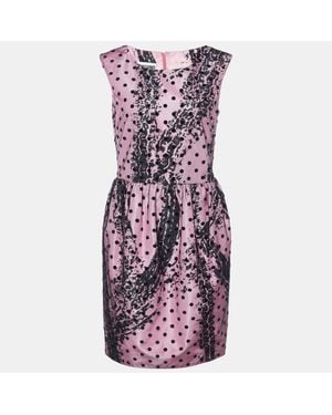 Moschino Couture Printed Satin & Polka Dot Tulle Sleeveless Sheath Dress - Purple