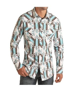 Panhandle Rock & Roll Denim Aztec Print Long Sleeve Snap Shirt - Blue