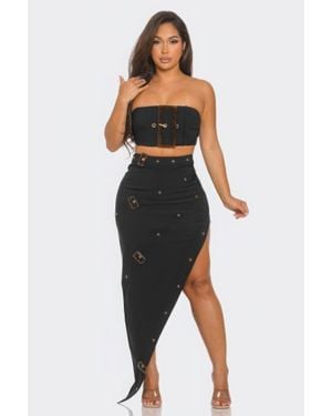 Fashnzfab Front Eyelet Buckle Belt Top And Skirt Set - Black