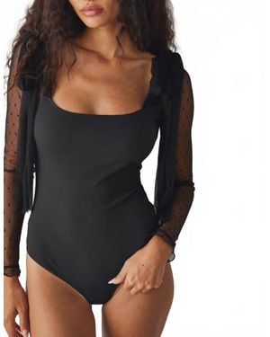 Free People Long Sleeve Mesh Shoulder Bow Tie Bodysuit - Black