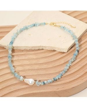 Fashnzfab Organic Shaped Pearl Accent Semi Precious Pebble Stone Beaded Choker Necklace - Natural