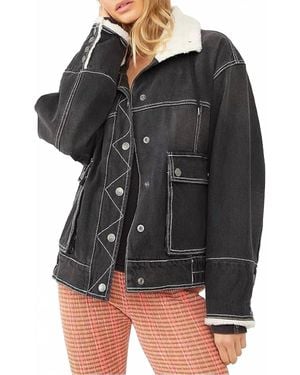Free People Ariel Cozy Denim Bomber Jacket - Black