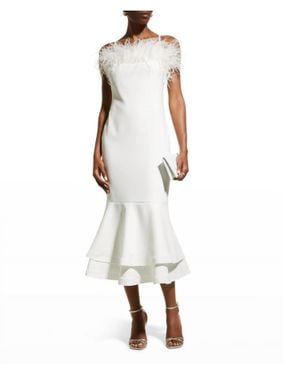 Likely Aurora Feather Trumpet Midi Dress - White