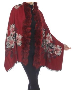 Belle Fare Real Fox Trim Cashmere Blend Floral Wrap Cover-Up - Red