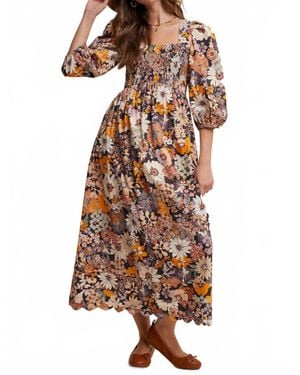 Listicle Floral Smocked Puff Sleeve Maxi Dress - Brown