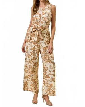 Doe And Rae Paisley Printed Zip Front Sleeveless Jumpsuit - Natural