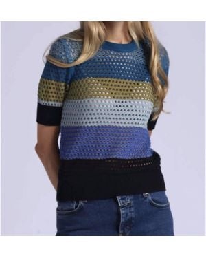 Minnie Rose Plaited Mesh Stripe Short Sleeve Crew Top - Blue