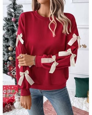 Doublju Solid Color Round Neck Bow Embellish Lace Pullover Sweatshirt - Red