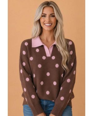 TRUEDAMES Polka Dot Colorblock Collared V-Neck Sweater - Brown