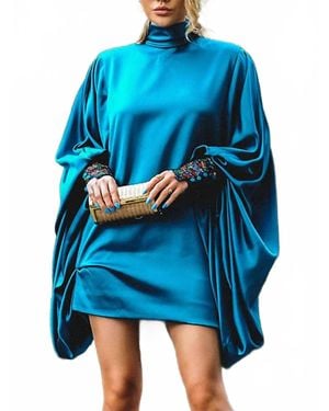FurDecoration Loose Batwing Button Mini Night Out Dress - Blue