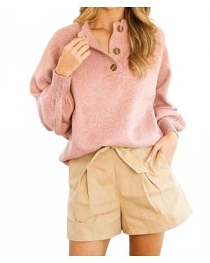 Vine & Love Ribbed Mock Neck Button Front Knitted Sweater - Pink