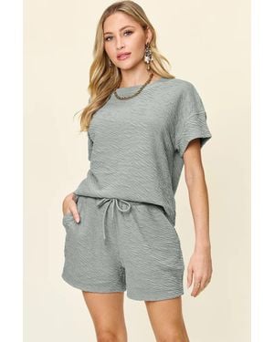 TRUEDAMES Full Size Texture Short Sleeve T-Shirt And Drawstring Shorts Set - Blue