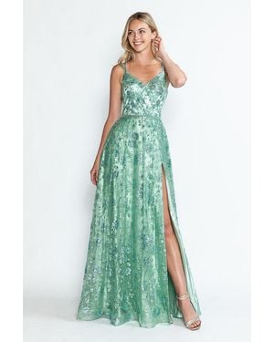 TRUEDAMES Glitter Floral A-Line Evening Gown With Slit-Spaghetti Straps & Sweetheart Neckline - Blue