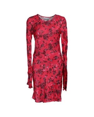 Ganni Floral-Print Long Sleeve Mini Dress - Red