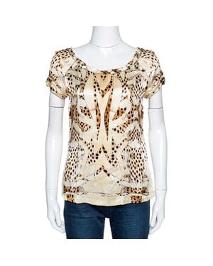 Roberto Cavalli Cream And Silk Leopard Print Short Sleeve Top - Natural