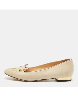 Charlotte Olympia Light Fabric Kitty Crystals Ballet Flats - Natural