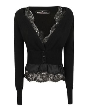 Ermanno Scervino Layered Cashmere Cardigan With Floral Lace Trim - Black