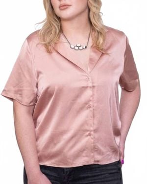 Eesome Satin Button Up Short Sleeve Blouse - Pink
