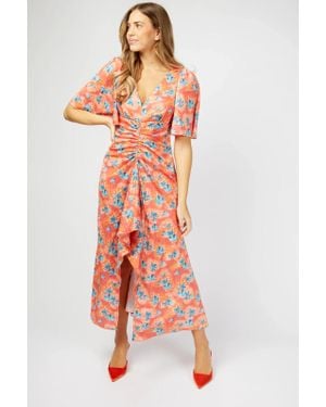 Little Mistress Malorie Dress Coral Floral Print Ruched Front Jdm1126 - Pink