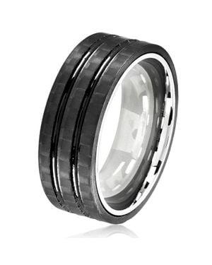 Crucible Jewelry Crucible Los Angeles Stainless Steel Carbon Fiber Dual Grooved Comfort Fit Ring - Metallic