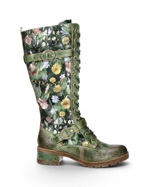 Laura Vita Victorian Floral Leather High Lace-Up Long Boots - Green