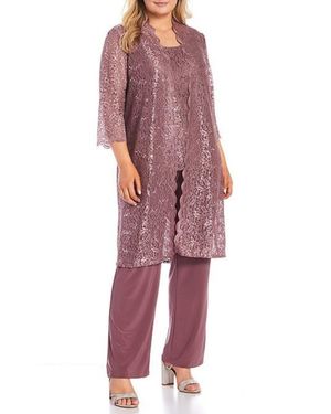 R & M Richards Lace 3/4 Sleeve 3-Piece Pants Set - Red