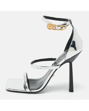 Versace Leather Safety Pin Ankle Strap Sandals - Gray