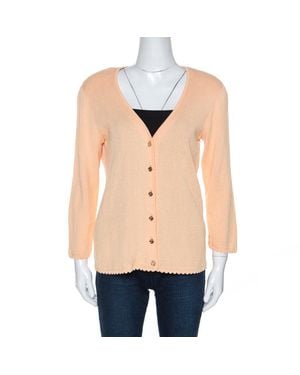 ESCADA Peach Rib Knit Padded Shoulder Button Front Cardigan - Natural
