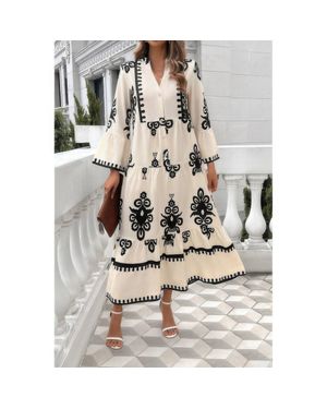 TRUEDAMES V Neck Stand Collar Button Floral Splicing Dress - White