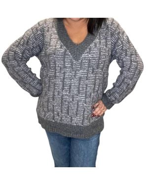 Mystree Cozy Patterned V-Neck Sweater - Gray