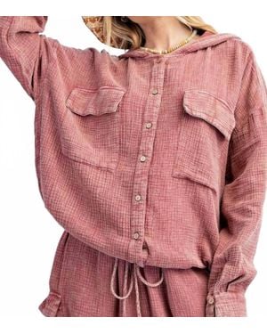 Easel Button Down Cotton Gauze Hoodie - Pink